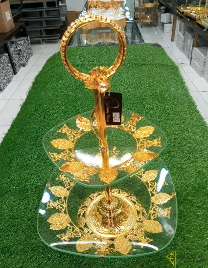 Two-Three tier golden serving stand with glass plates